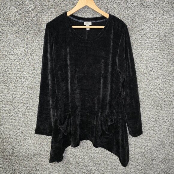 LOGO Lori Goldstein Top Womens Medium Black Chenille Sharkbite Hem Sweater‎ - Picture 1 of 7